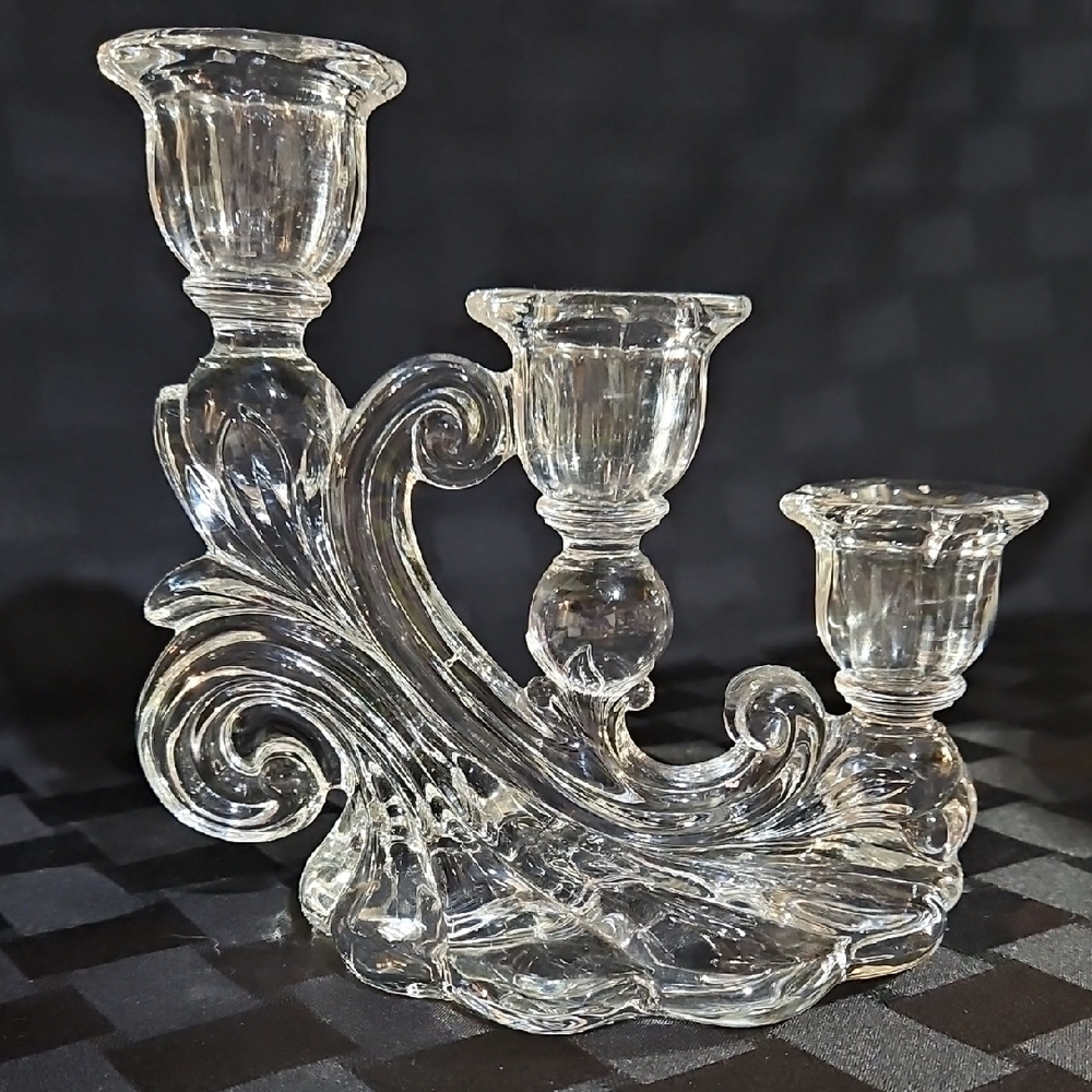 Elegant Cambridge Glass Caprice 3-light Candleholder #2, UV Reactive